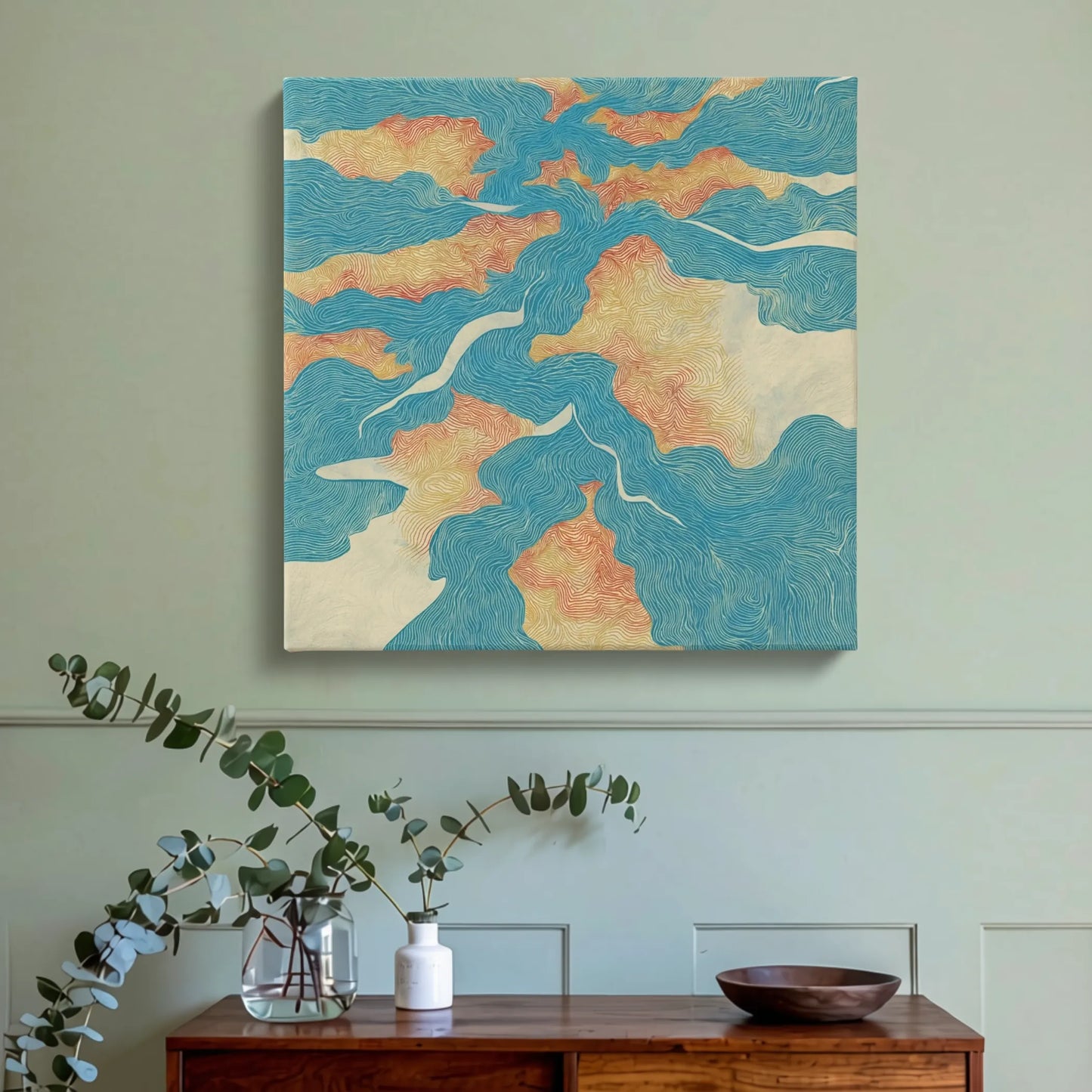 Inspirational wall art for living room, river map canvas with dark timber furniture and sage green wall