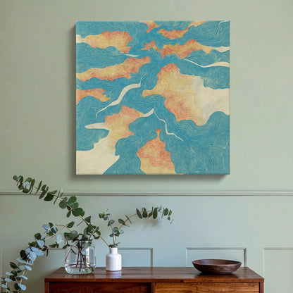 Inspirational wall art for living room, river map canvas with dark timber furniture and sage green wall