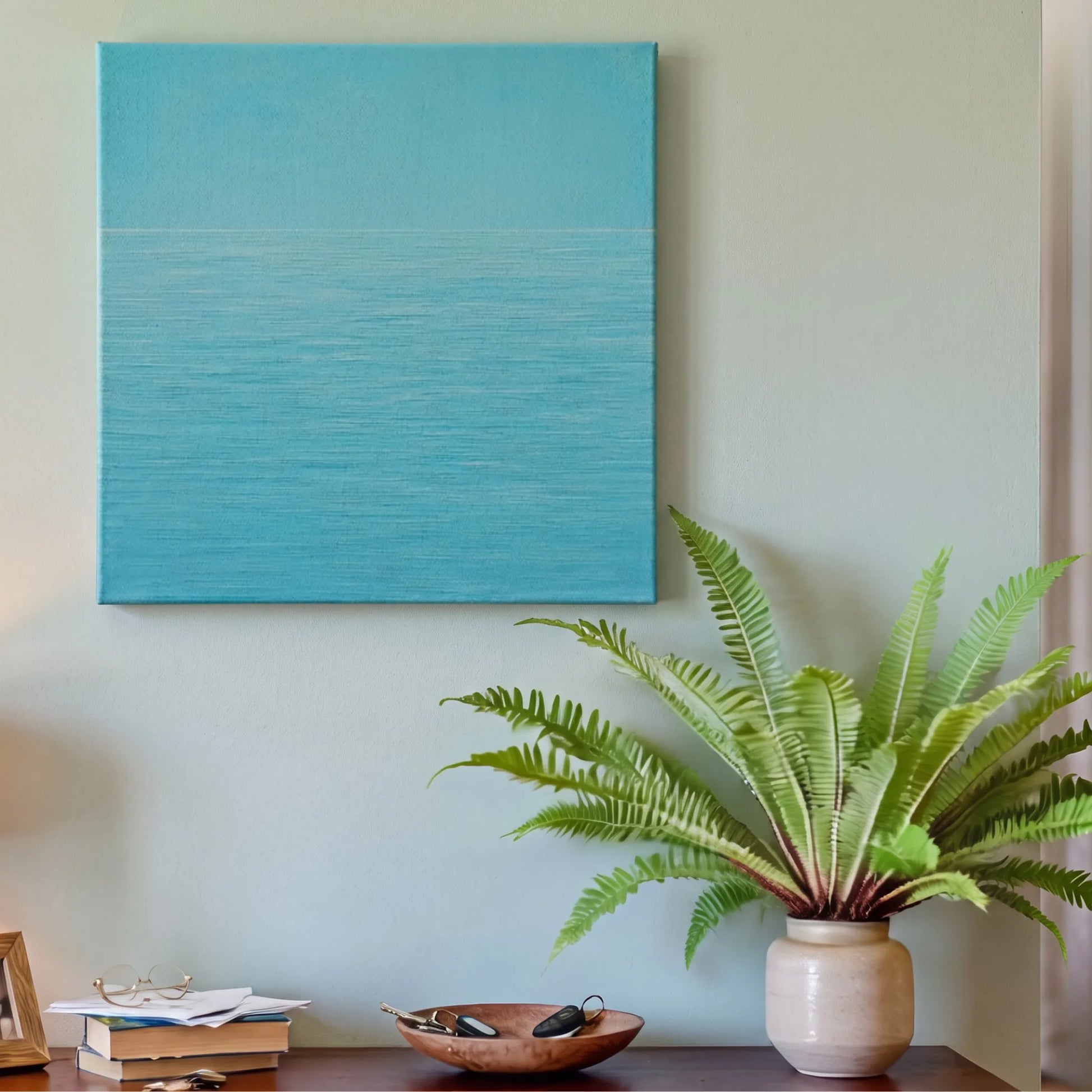 Navy blue wall art ocean canvas in entryway with white console table, potted plant, and warm downlighting
