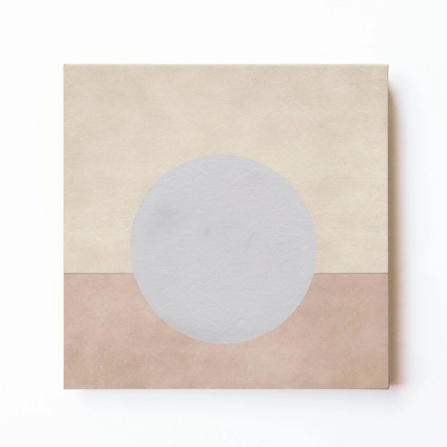Neutral wall art print full moon by RoomFruit, pale silver moon on blush and cream square printed canvas, Australian made