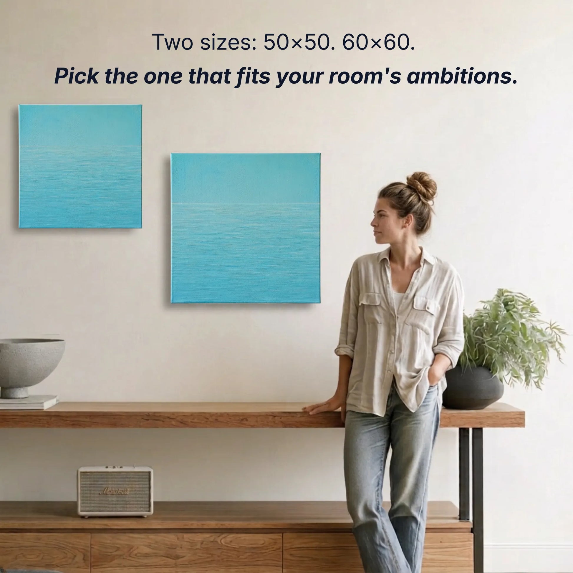 Ocean canvas wall art two sizes 50x50cm and 60x60cm shown to scale, small wall art option available