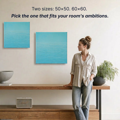 Ocean canvas wall art two sizes 50x50cm and 60x60cm shown to scale, small wall art option available