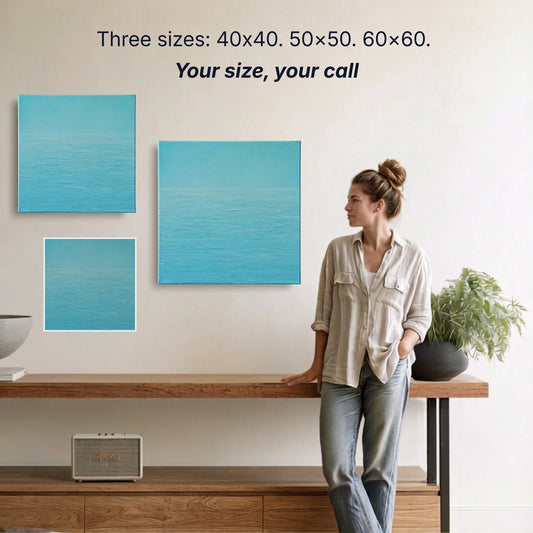Ocean canvas wall art two sizes 50x50cm and 60x60cm shown to scale, small wall art option available