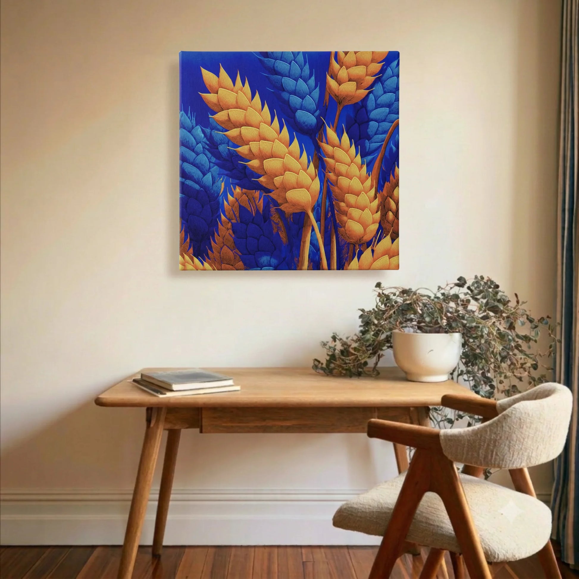 Office wall art wheat canvas in study nook with white desk, wooden chair, and warm lamp light