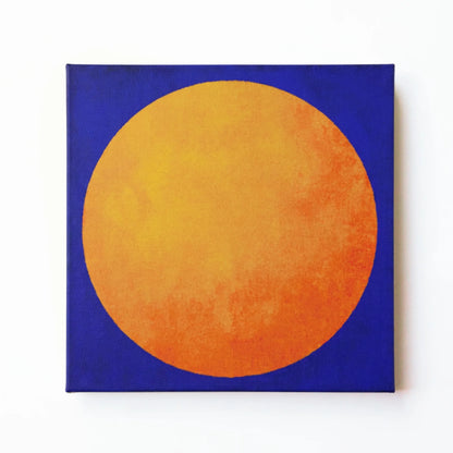 Orange sun wall art print by RoomFruit, golden sun on cobalt blue square printed canvas, Australian made