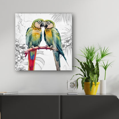 Vibrant parrot canvas in modern room adds nature love symbols and tropical charm.