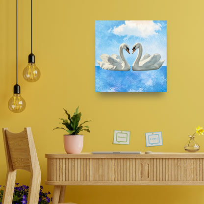 Swan pair canvas above sofa adds feng shui love decor and romantic bedroom art to interiors.