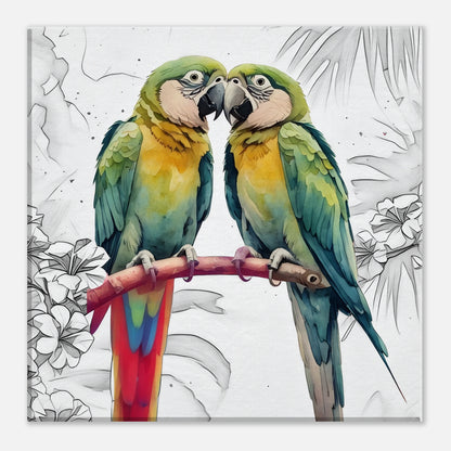 Parrot pair canvas art in vibrant colors, perfect love birds wall decor for tropical homes.