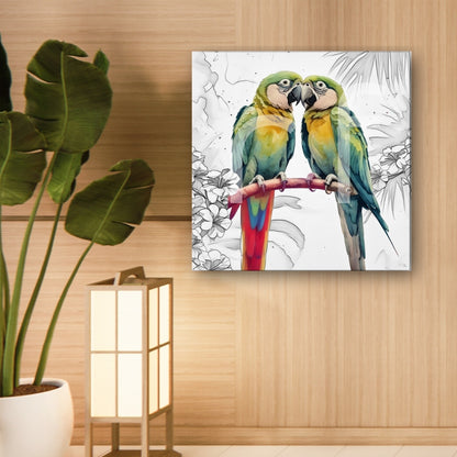 Parrot pair canvas on wall brings colorful bird paintings and nature love symbols to interiors.