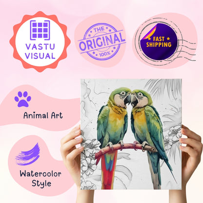features of parrot pair canvas art with authentic quality for colorful bird paintings.