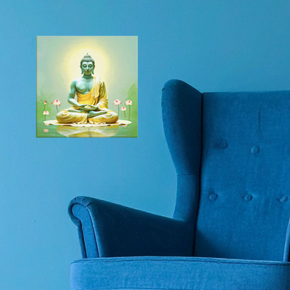 Dhyana Buddha canvas as zen wall decor in modern interior.