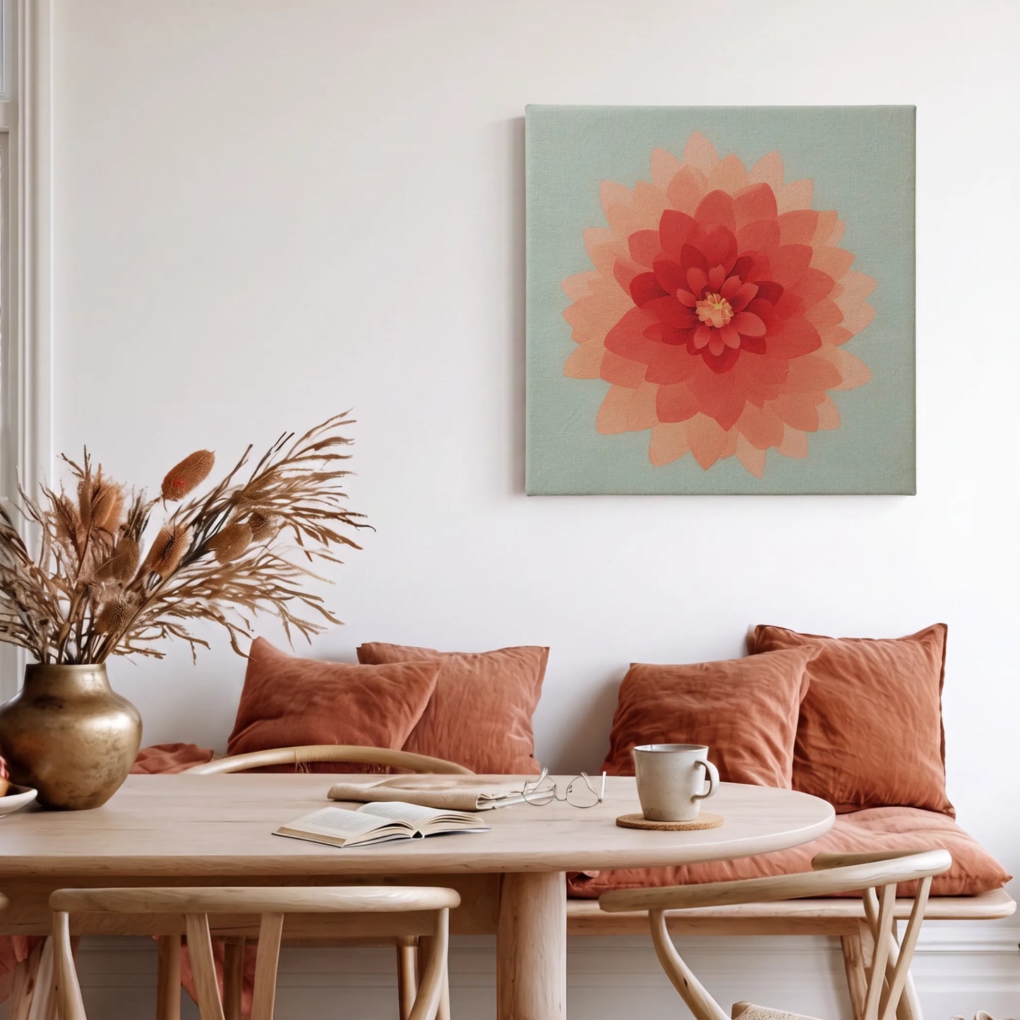Peaceful wall art dahlia canvas in dining room with timber table, warm chairs, and dried florals