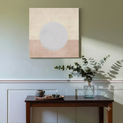 Peaceful wall art moon canvas in living room with sage green wall, dark timber sideboard, and eucalyptus vase