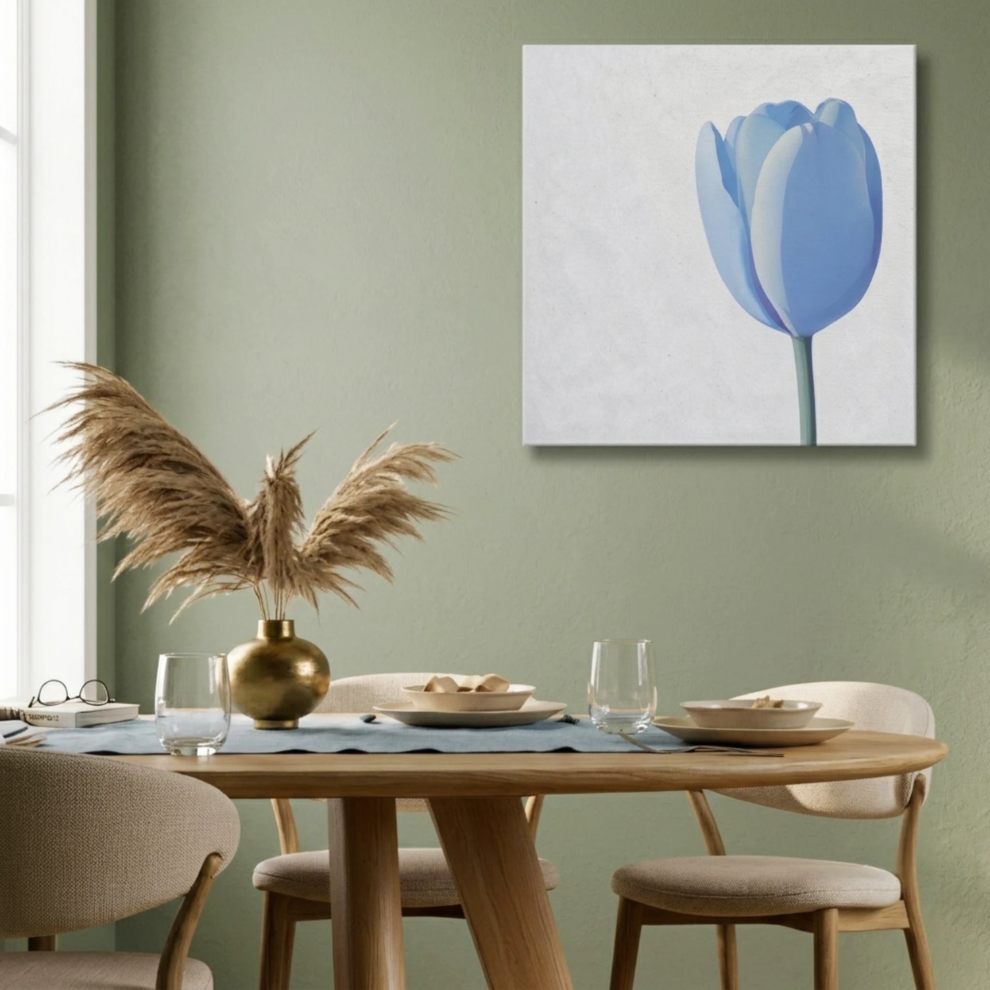 Peaceful wall art tulip canvas in dining room with timber table and warm neutral chairs