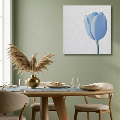 Peaceful wall art tulip canvas in dining room with timber table and warm neutral chairs