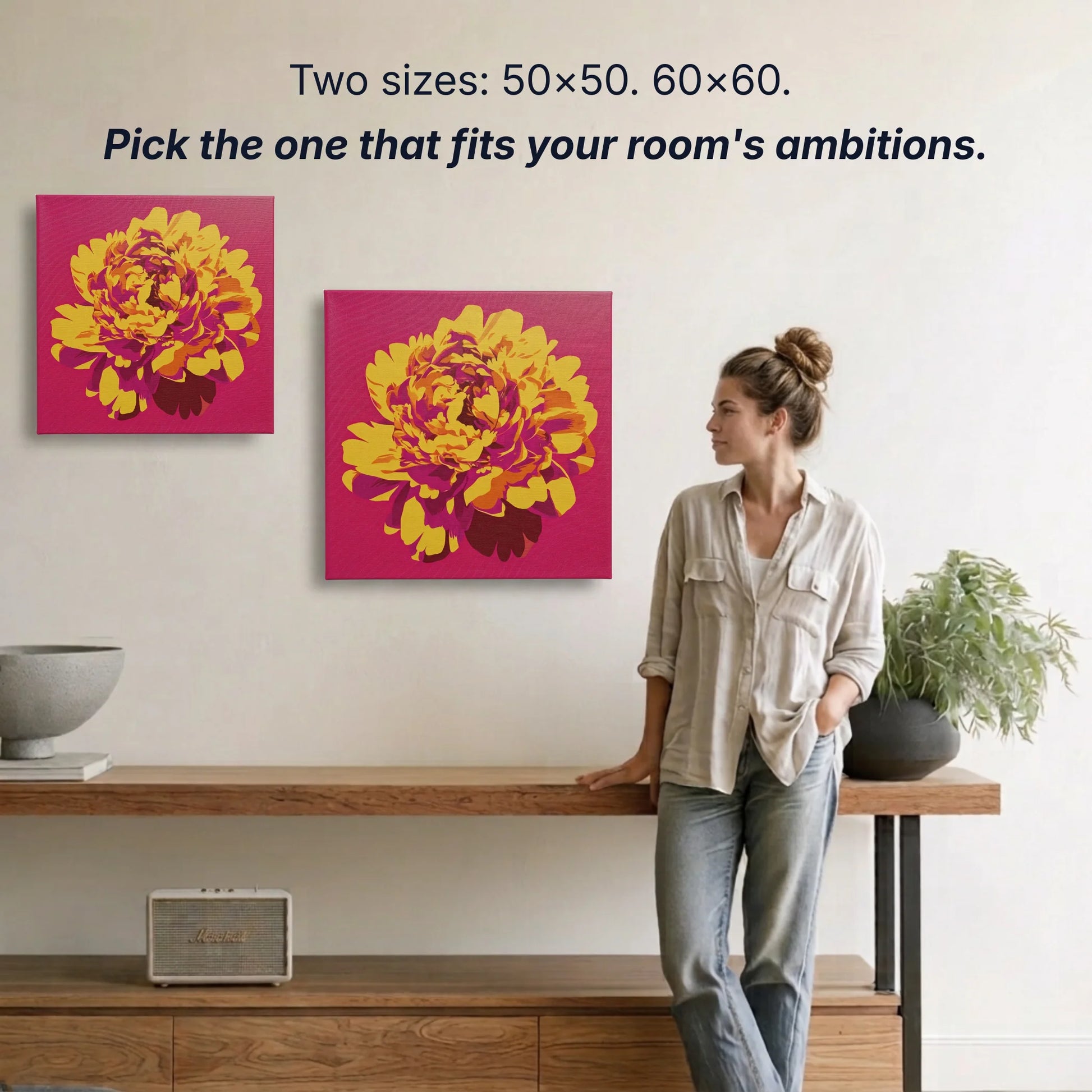 Peony canvas wall art two sizes 50x50cm and 60x60cm shown to scale, small wall art option available