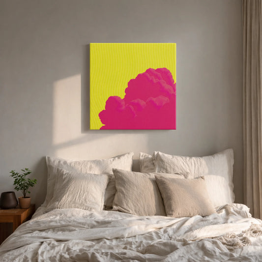 Personal growth wall art sky canvas in bedroom with warm natural light and neutral curtains