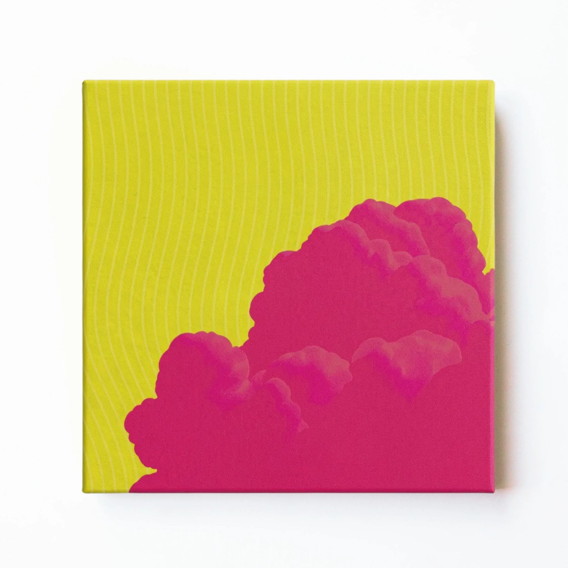 Pink cloud wall art print by RoomFruit, magenta clouds on acid yellow square printed canvas, Australian made