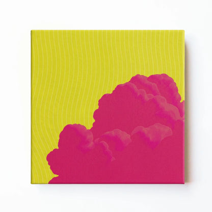 Pink cloud wall art print by RoomFruit, magenta clouds on acid yellow square printed canvas, Australian made
