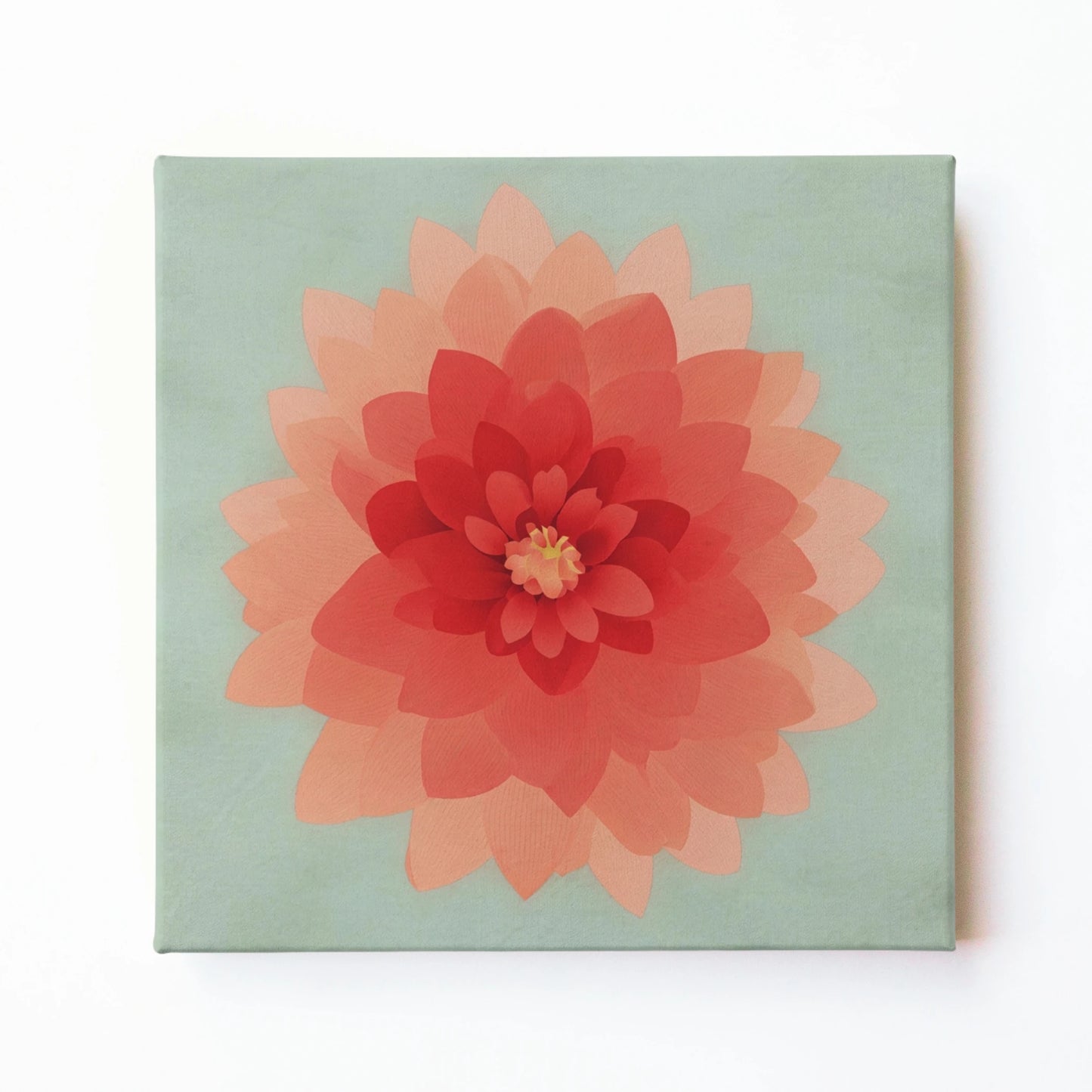 Pink dahlia floral wall art print by RoomFruit, coral flower on pale mint square printed canvas, Australian made