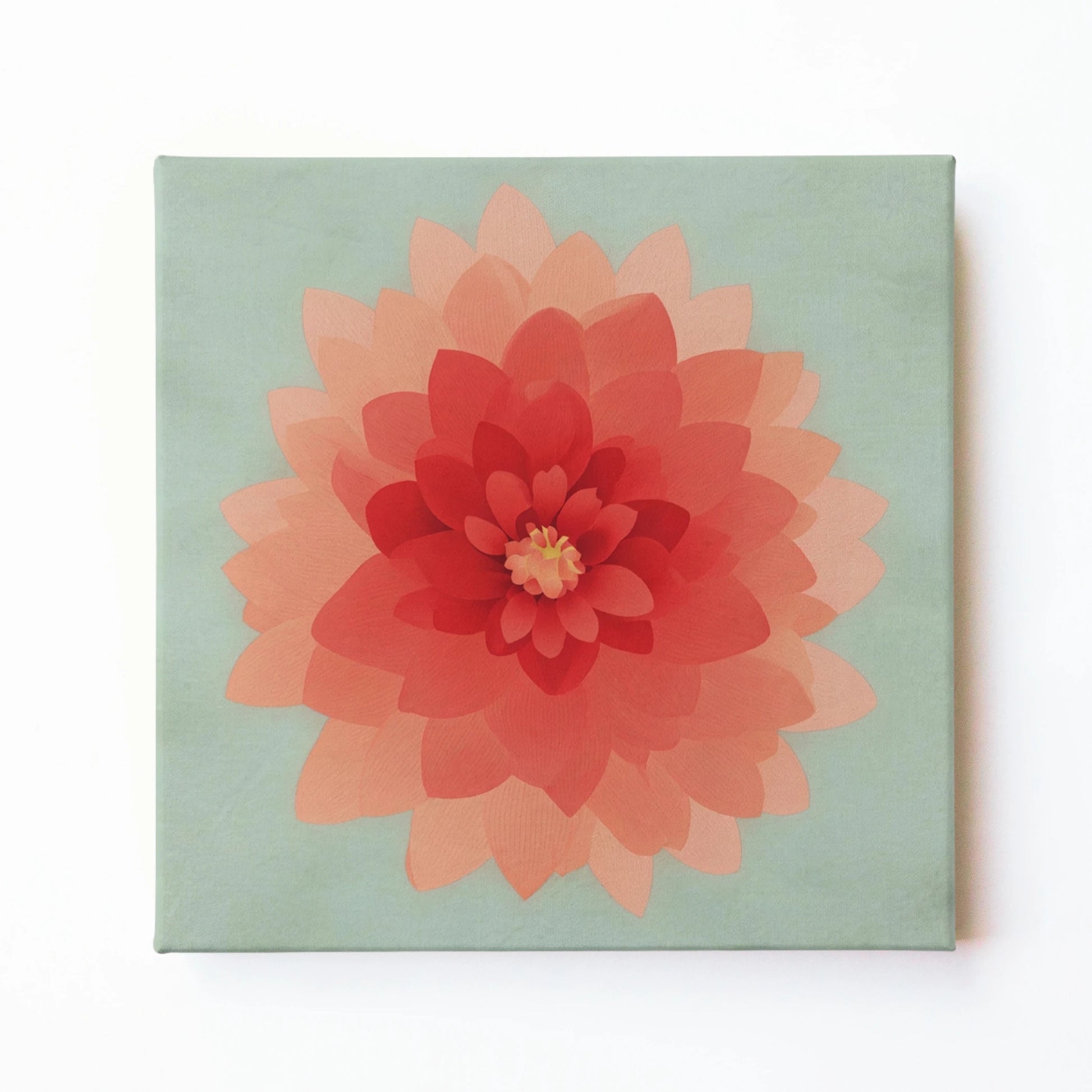 Pink dahlia floral wall art print by RoomFruit, coral flower on pale mint square printed canvas, Australian made