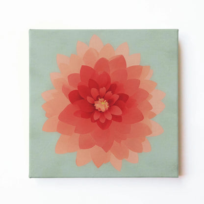Pink dahlia floral wall art print by RoomFruit, coral flower on pale mint square printed canvas, Australian made