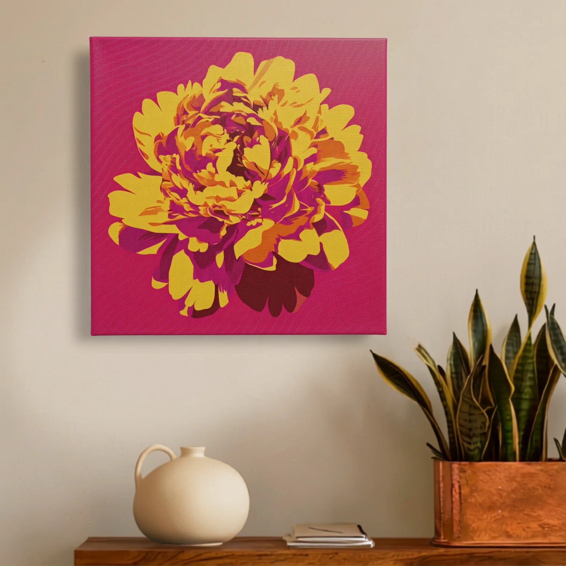 Pink floral wall art peony canvas in study with warm timber desk and ceramic vase