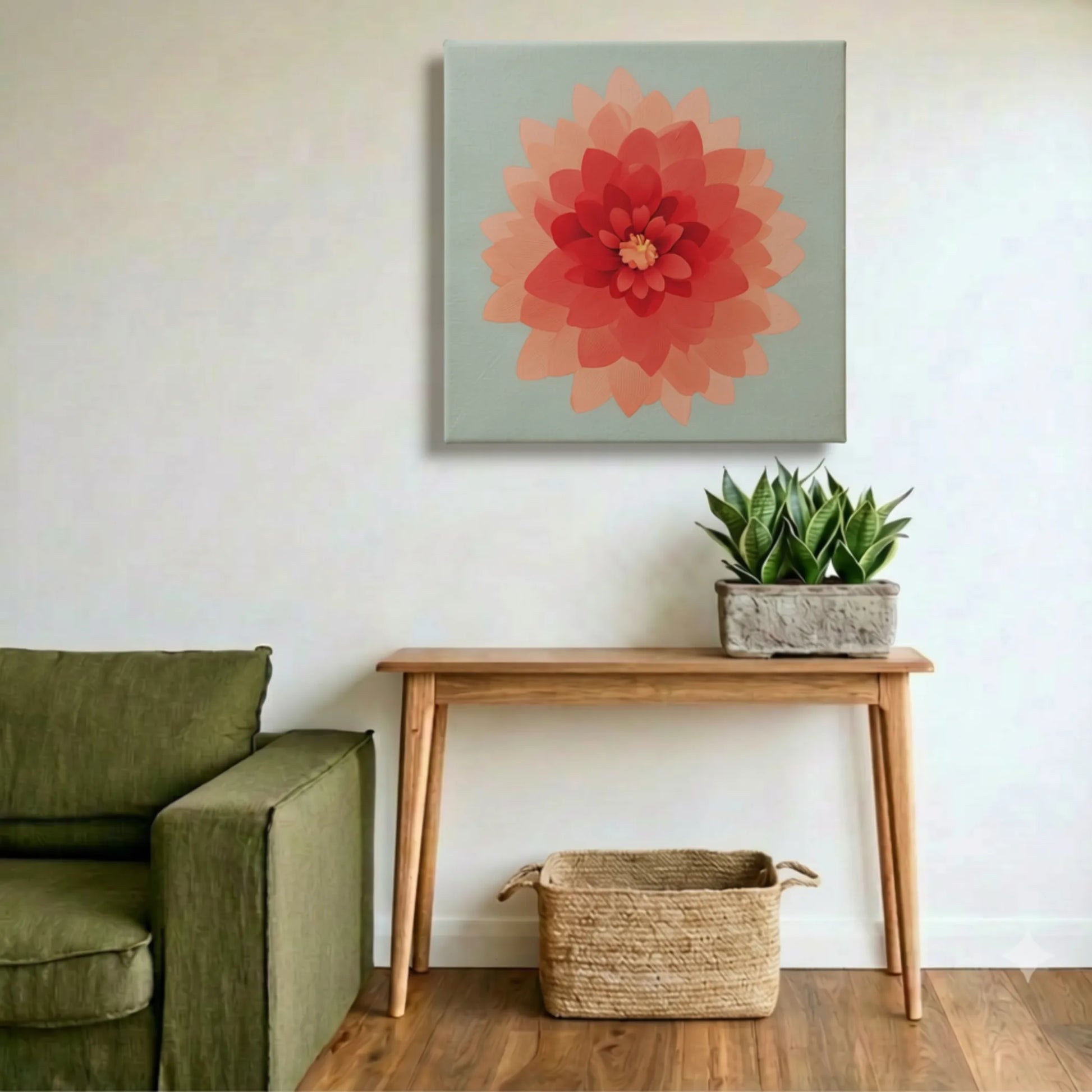 Pink wall art dahlia print in entryway, timber bench, olive cushion, and indoor plants
