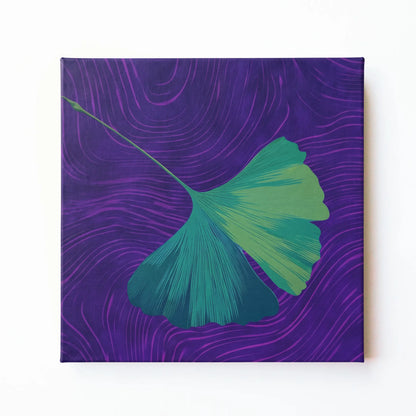 Purple ginkgo leaf wall art print by RoomFruit, green ginkgo on purple square printed canvas, Australian made