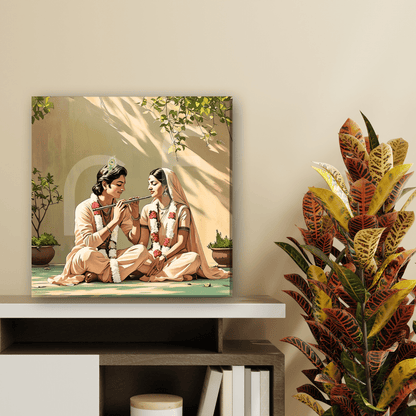 Radha Krishna in verandah canvas in modern boho room as divine couple artwork.