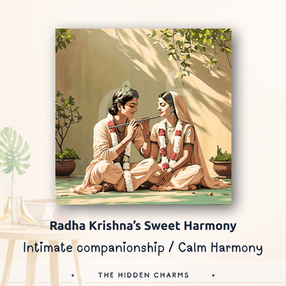 spiritual meaning of Radha and Krishna playing flute wall art in minimal setting adds divine couple artwork to any space.