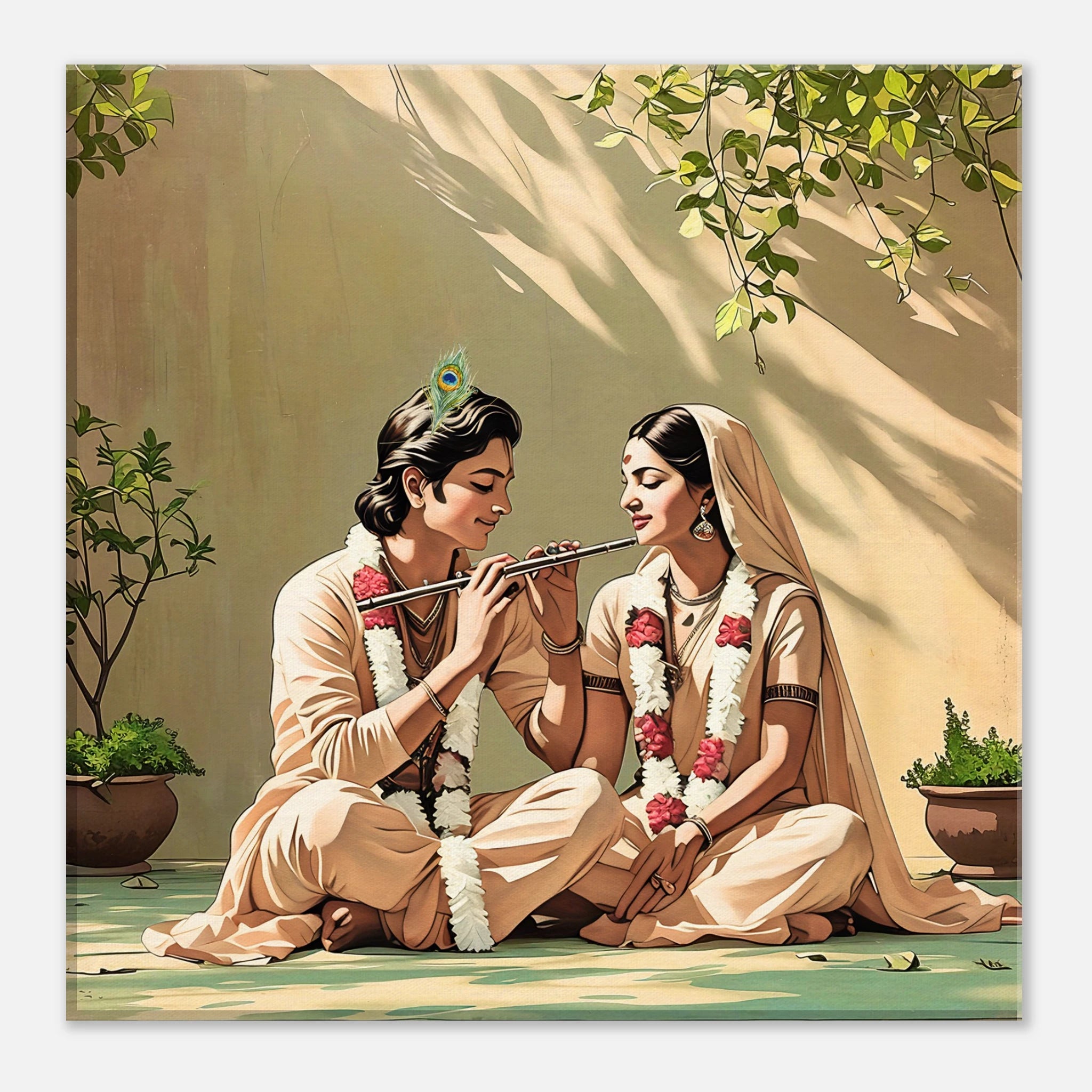 Radha Krishna in verandah canvas art depicting spiritual love, perfect for divine home decor.
