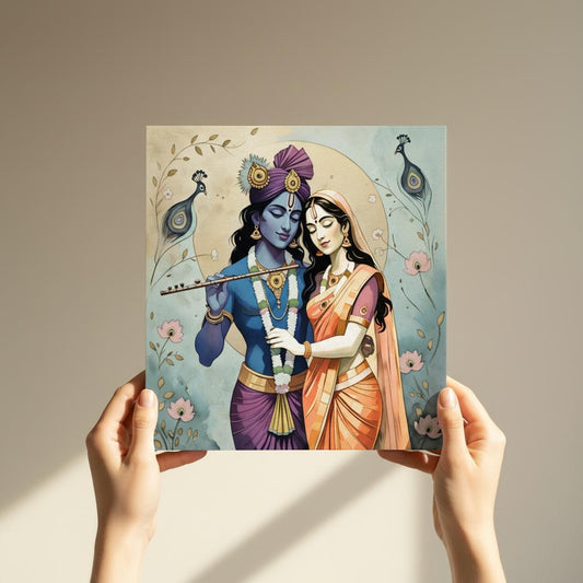 Close-up of sacred love canvas showing intricate divine Radha Krishna art details.