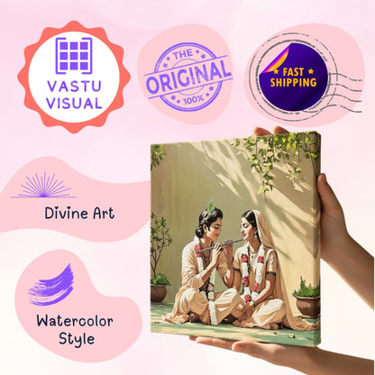 Authentic Radha Krishna canvas art with handmade quality for spiritual home decor.