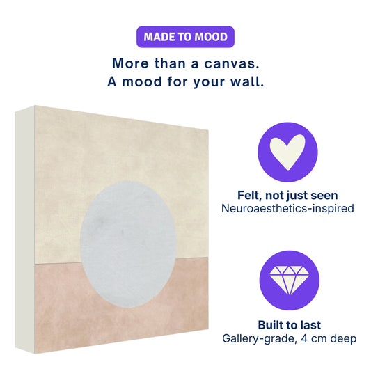 Ready to hang canvas wall art: ENOUGH Moon shown at an angle with its deep 4 cm edge