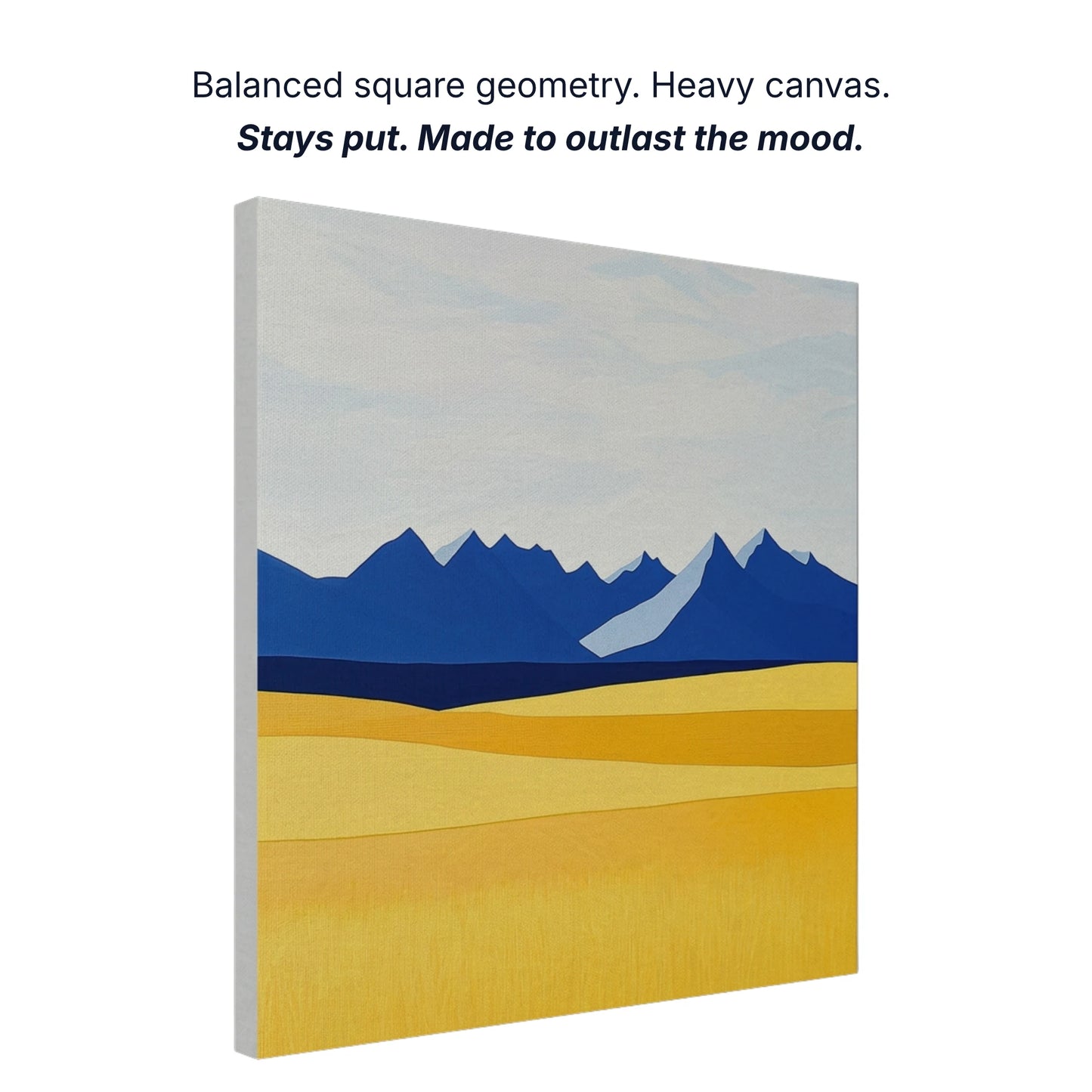Ready to hang canvas wall art showing balanced square geometry, heavy canvas construction, gallery quality