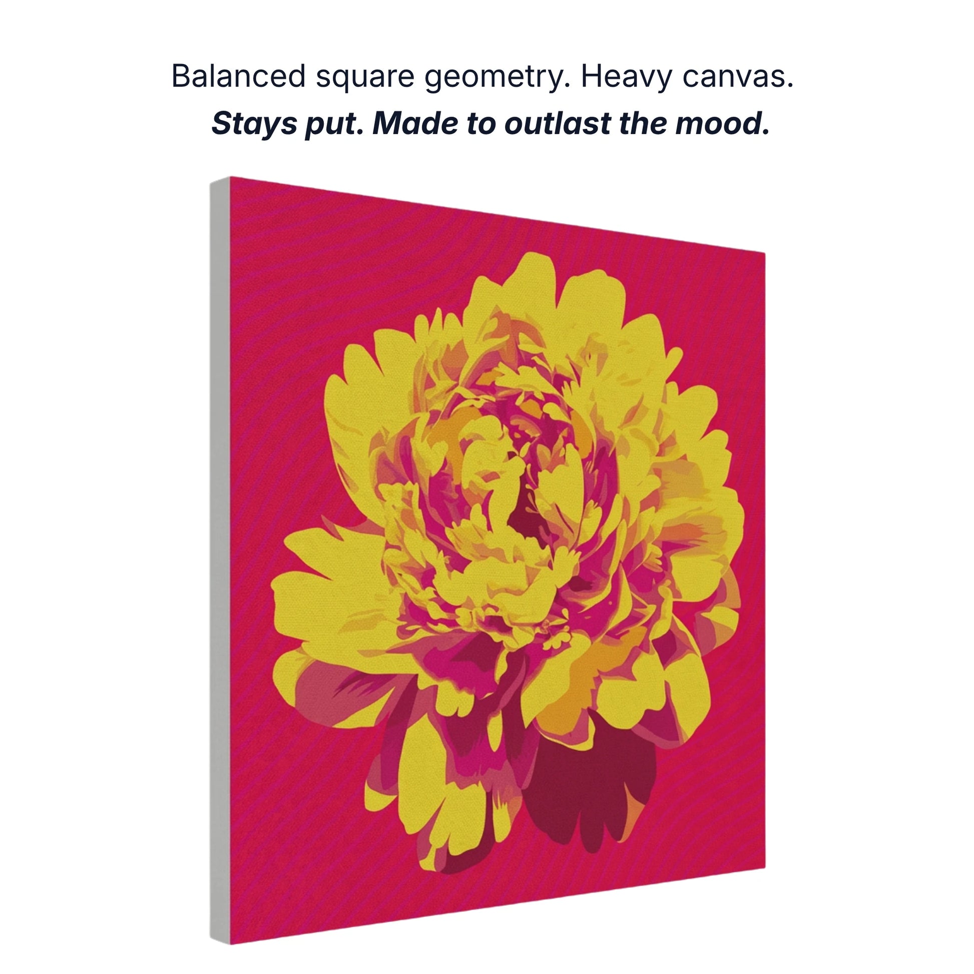 Ready to hang canvas wall art showing balanced square geometry, heavy canvas construction, gallery quality