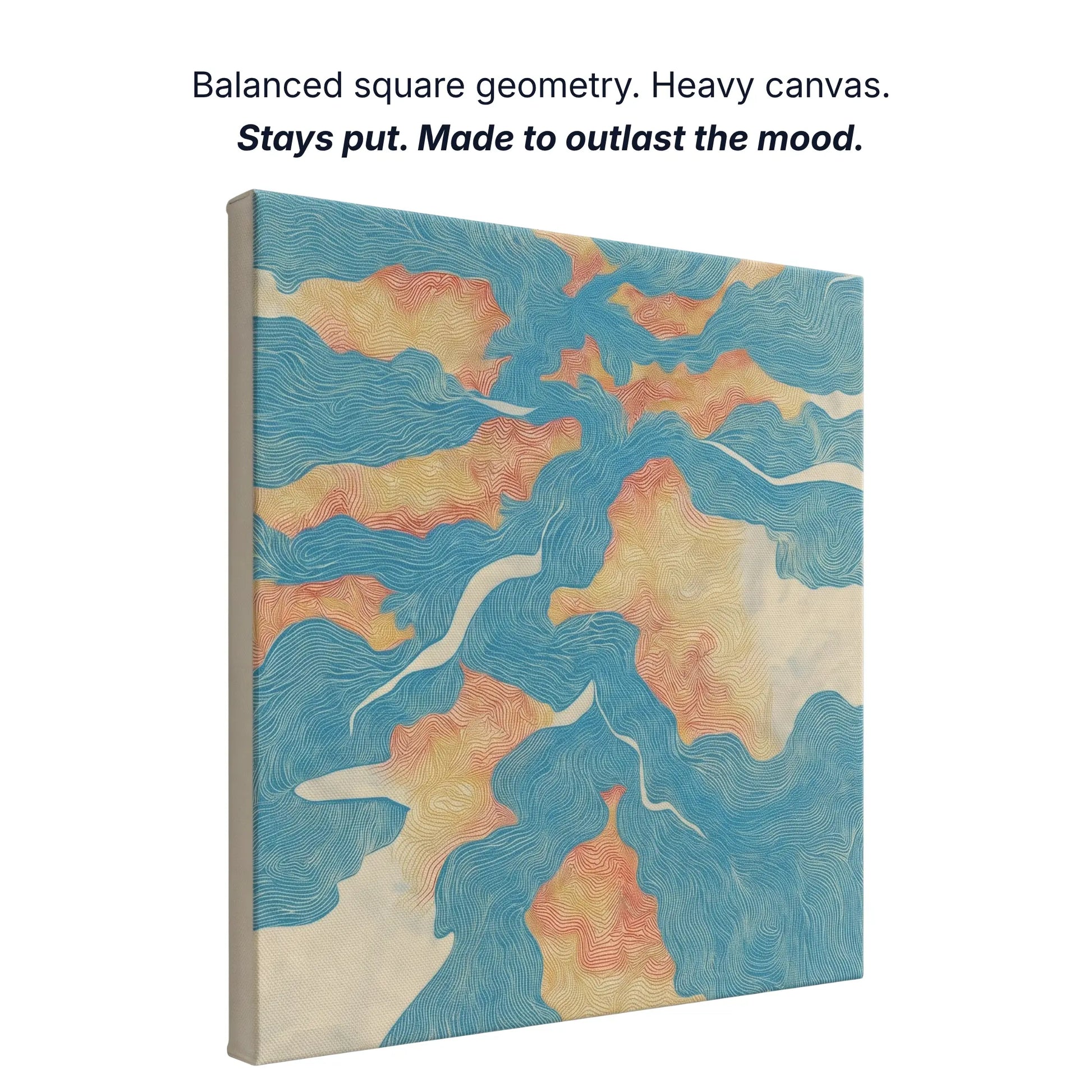 Ready to hang canvas wall art showing balanced square geometry, heavy canvas construction, gallery quality