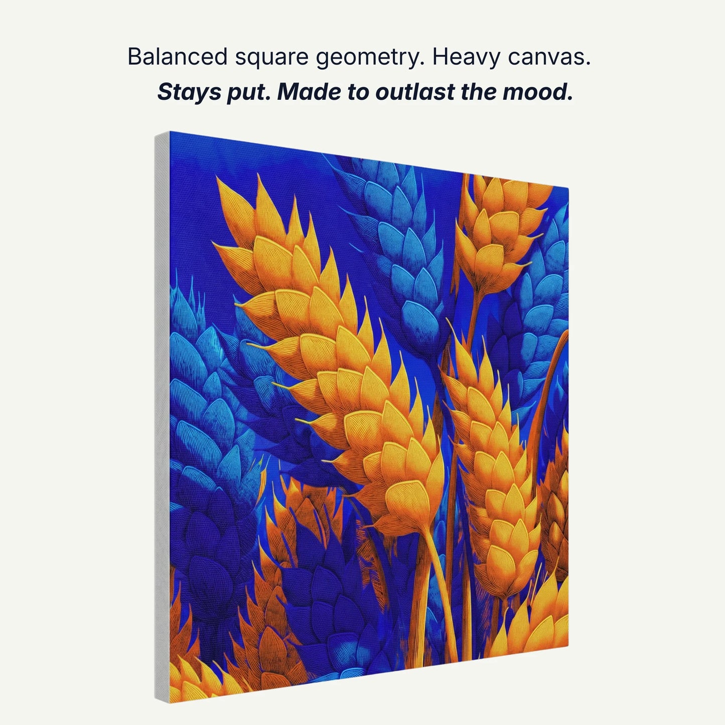 Ready to hang canvas wall art showing balanced square geometry, heavy canvas construction, gallery quality