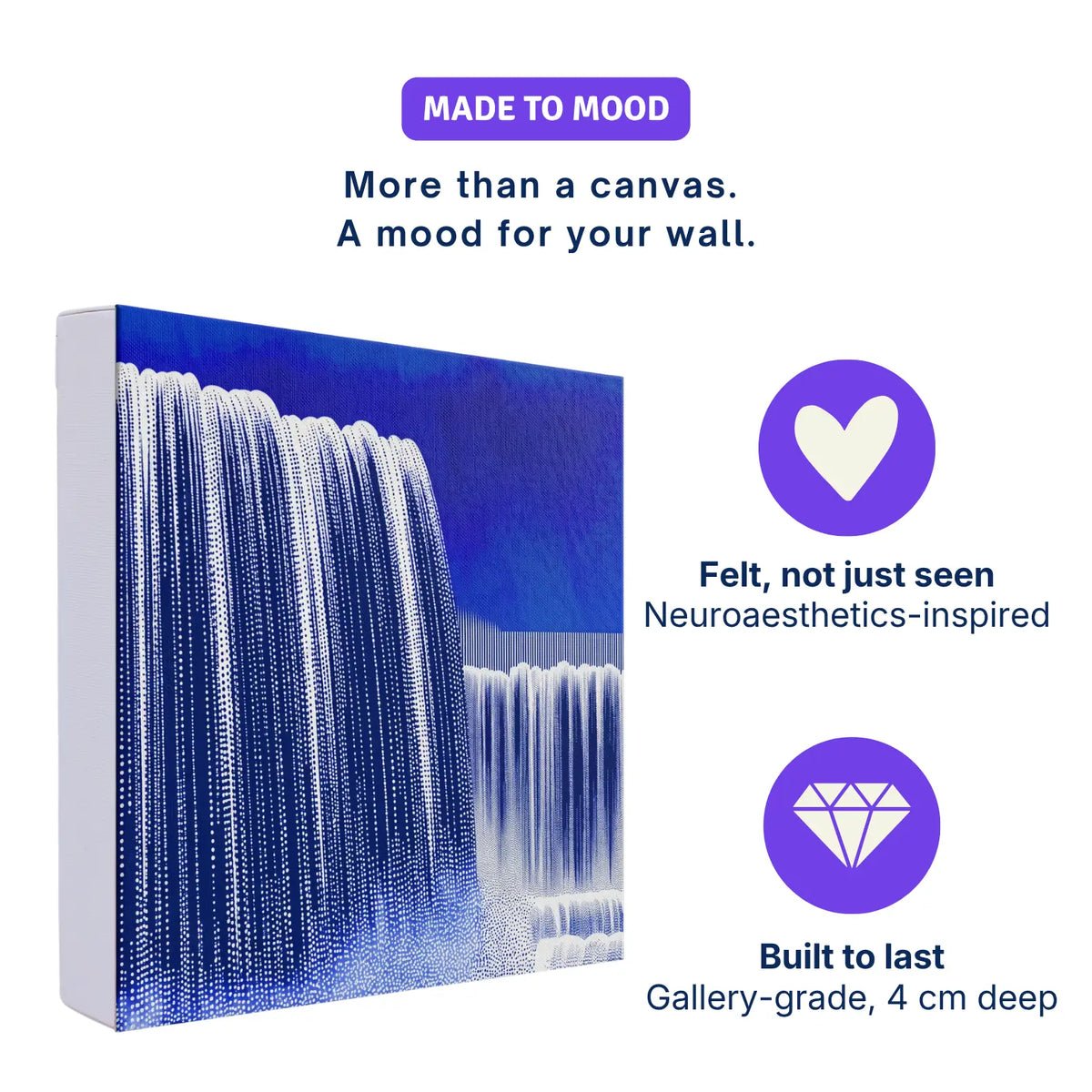 Ready to hang canvas wall art: POUR Waterfall shown at an angle with its deep 4 cm edge