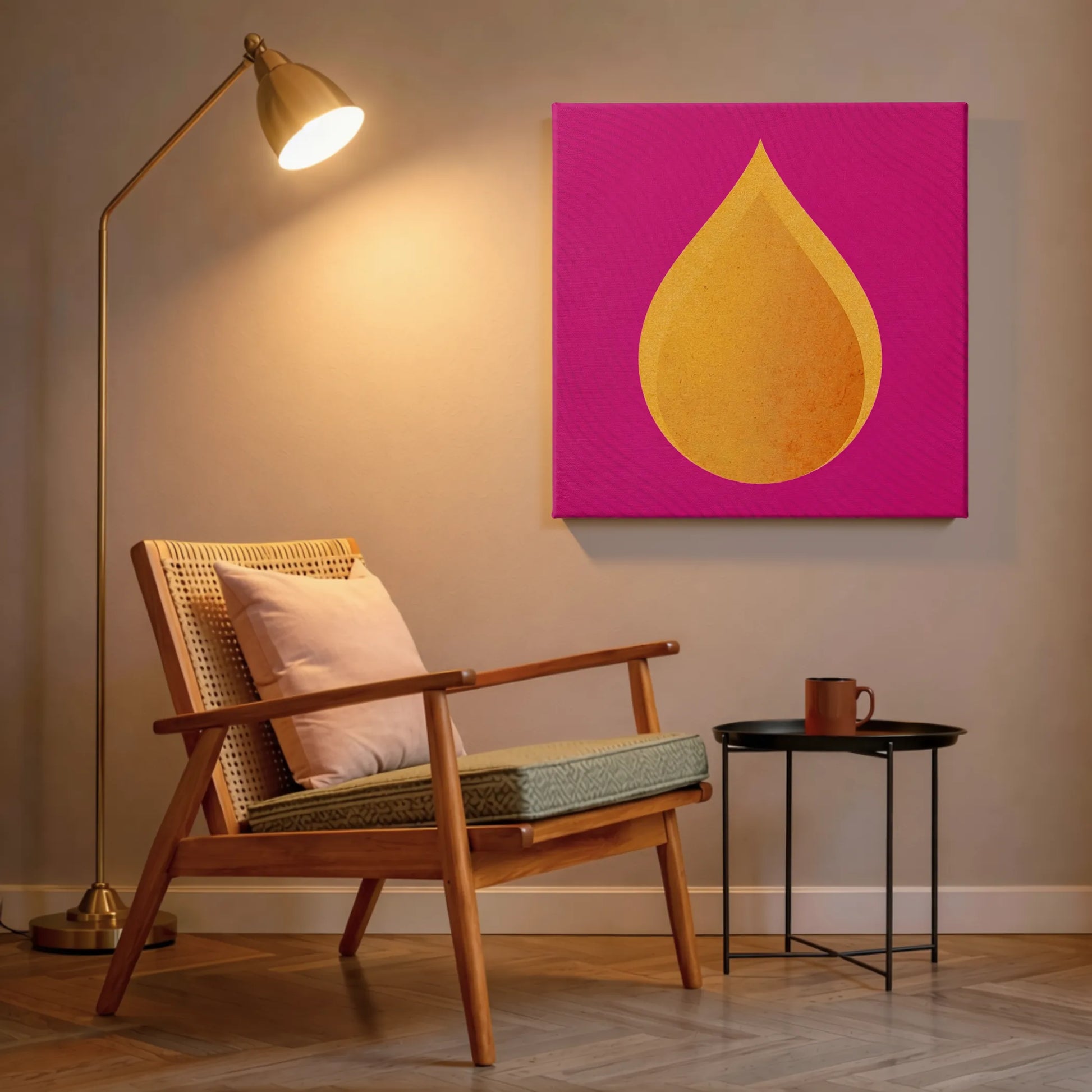 Recharge wall art fire canvas in reading nook with woven accent chair and warm downlighting