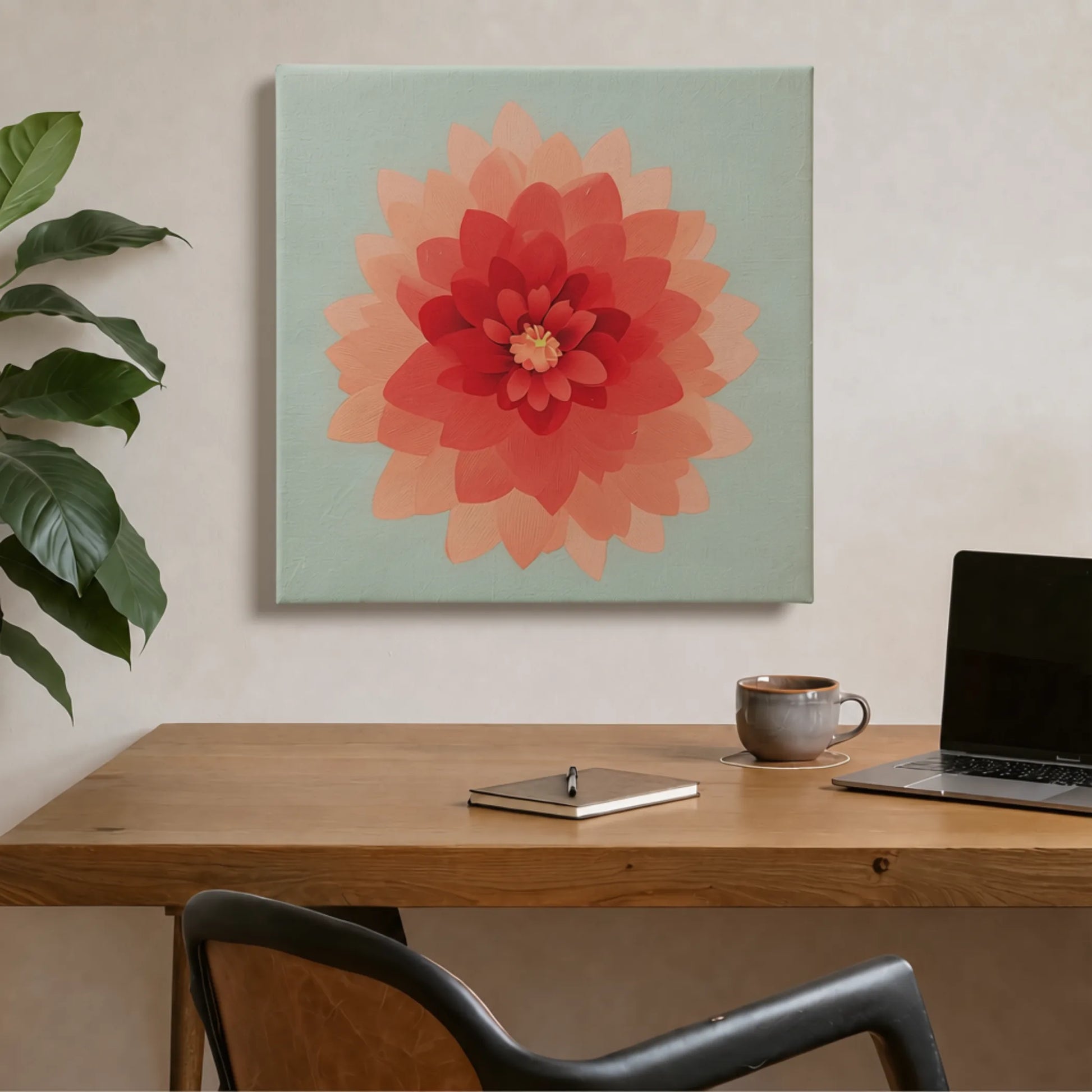 Relaxing wall art dahlia canvas in study with dark timber desk, indoor plant, and warm natural light