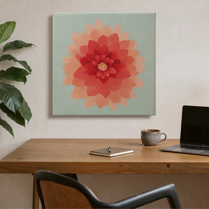 Relaxing wall art dahlia canvas in study with dark timber desk, indoor plant, and warm natural light
