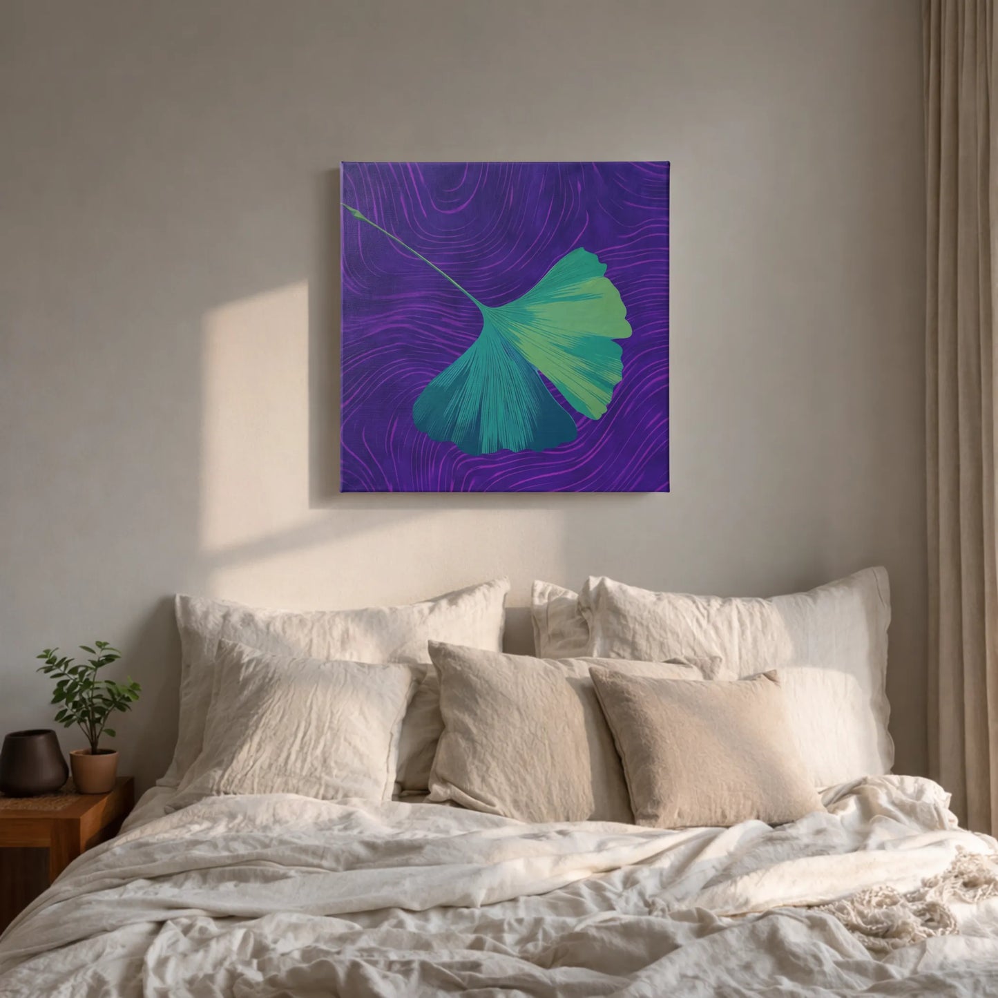 Relaxing wall art for bedroom, ginkgo leaf canvas above bed with grey linen bedding and warm natural light
