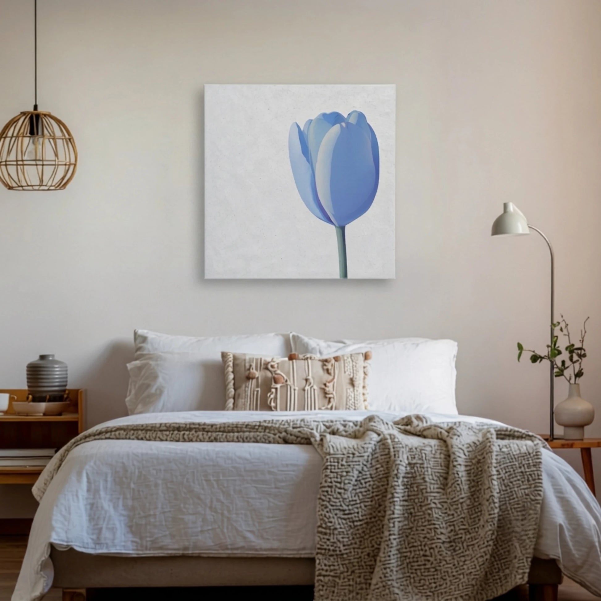 Relaxing wall art for bedroom, tulip canvas above bed with textured throw and warm natural light