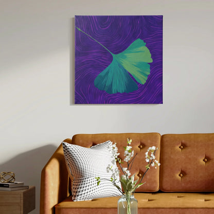 Stress relief wall art ginkgo canvas in living room with brown leather sofa and warm timber furniture