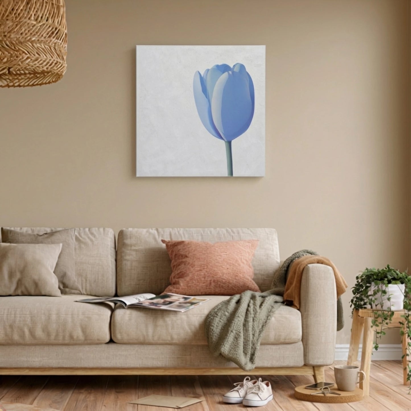 Relaxing wall art for living room, tulip canvas with pale blue feature wall, linen sofa, and indoor fern