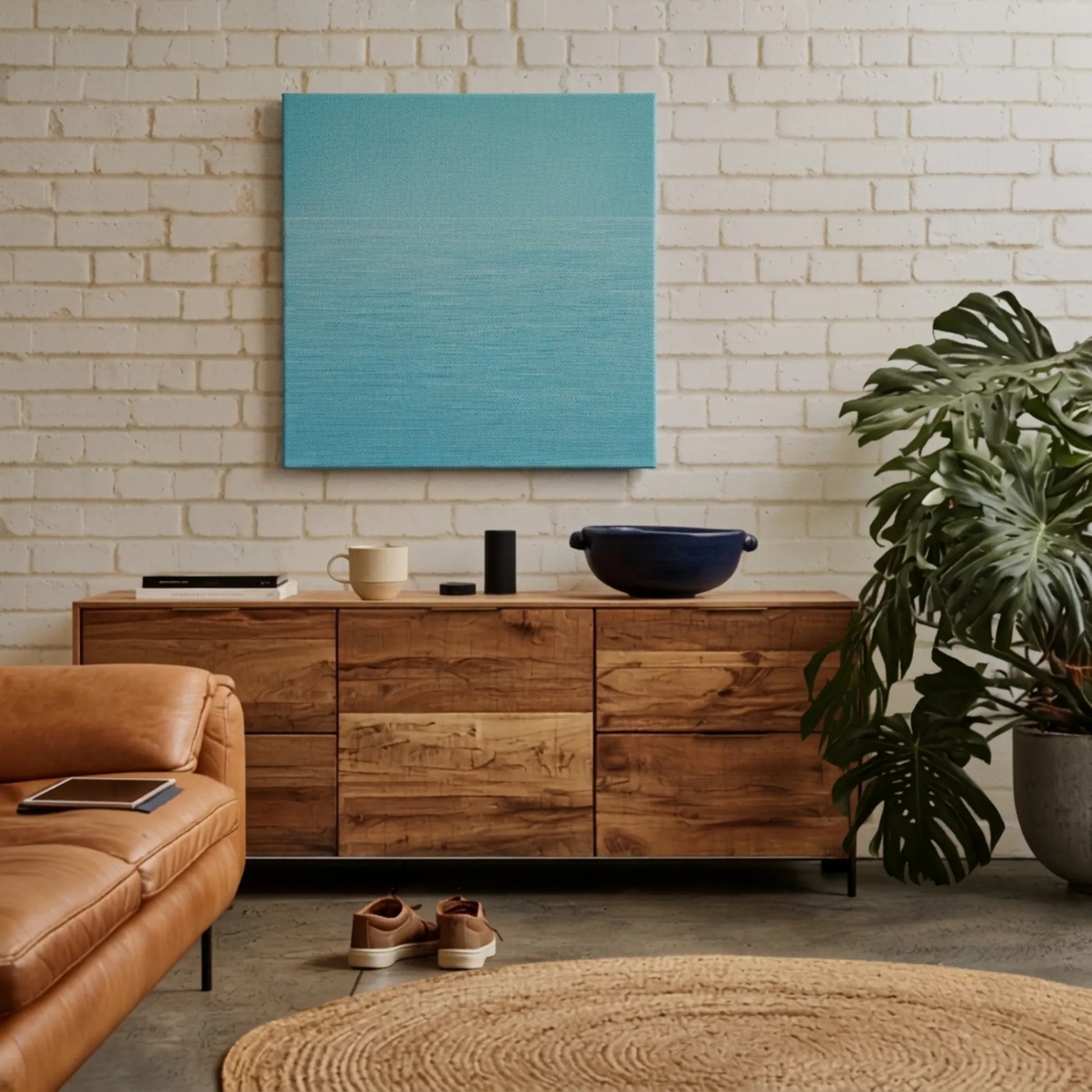 Relaxing wall art ocean canvas in loft space with white brick wall, monstera plant, and warm timber flooring