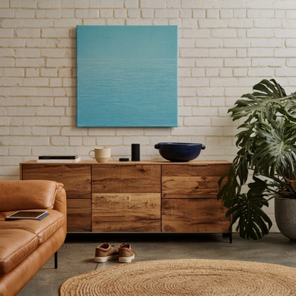 Relaxing wall art ocean canvas in loft space with white brick wall, monstera plant, and warm timber flooring