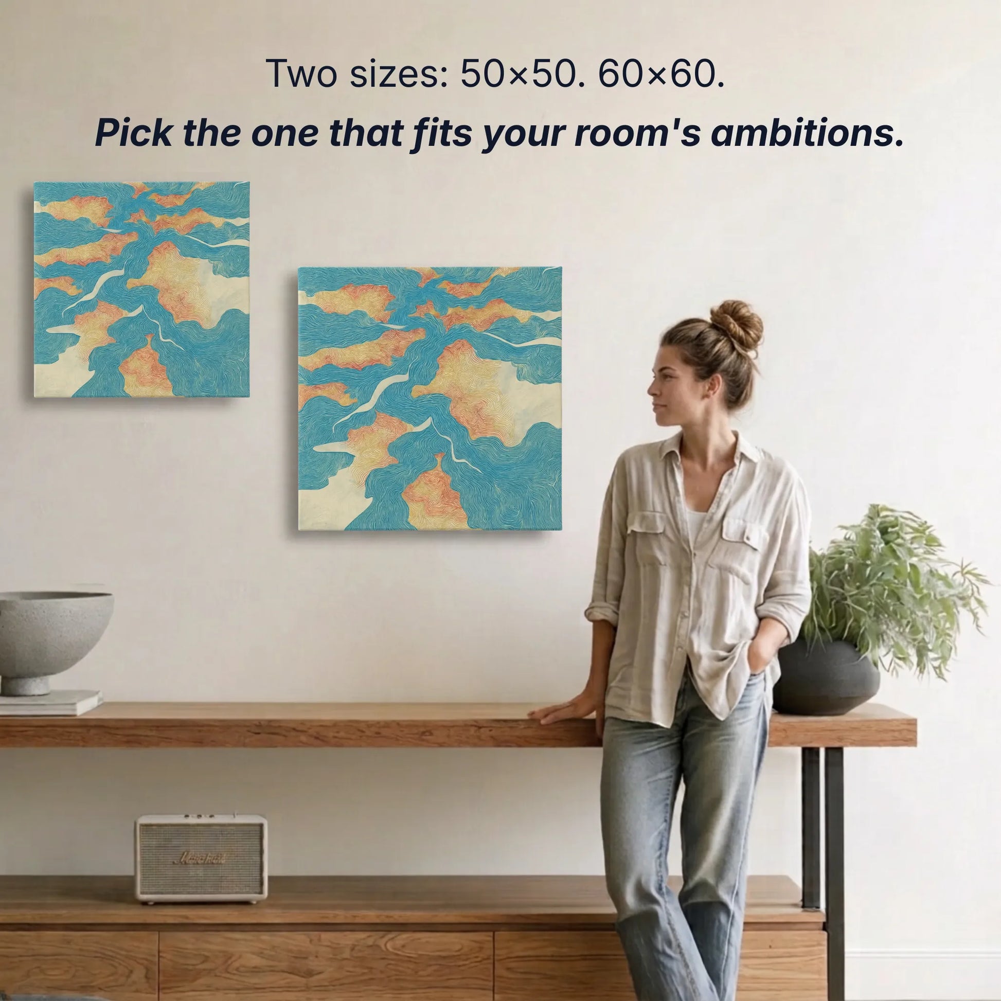 River canvas wall art two sizes 50x50cm and 60x60cm shown to scale, small wall art option available